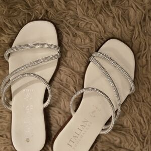 Italian Shoemakers Ivory Slide Flats with Rhinestone Straps